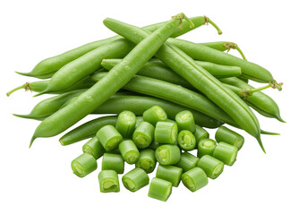 A vibrant pile of fresh green beans, whole and cut, revealing crisp interior, dewy and firm, on a transparent studio background with copy space, concept of natural produce freshness