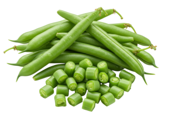 A vibrant pile of fresh green beans, whole and cut, revealing crisp interior, dewy and firm, on a transparent studio background with copy space, concept of natural produce freshness