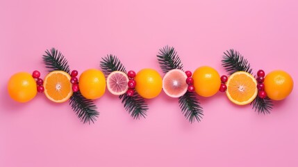 Colorful Citrus Fruits with Pine Branches on Pink Background for Refreshing Summer Theme