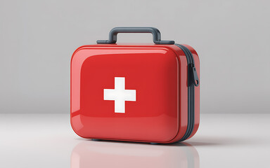 Obraz premium First aid kit red, emergency medical help and healthcare box