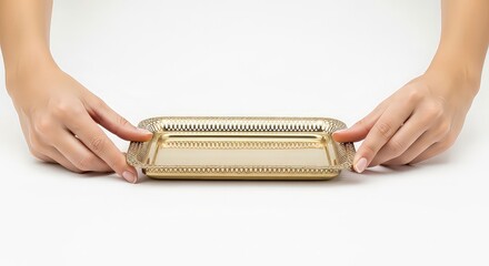 Hands holding a decorative gold tray against a white background copy space