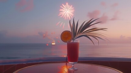 Colorful Cocktail with Pineapple and Orange Slice in Front of Fireworks Over Ocean at Sunset