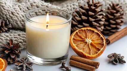 Relaxing setup with candles, spices, and natural elements to create a cozy atmosphere