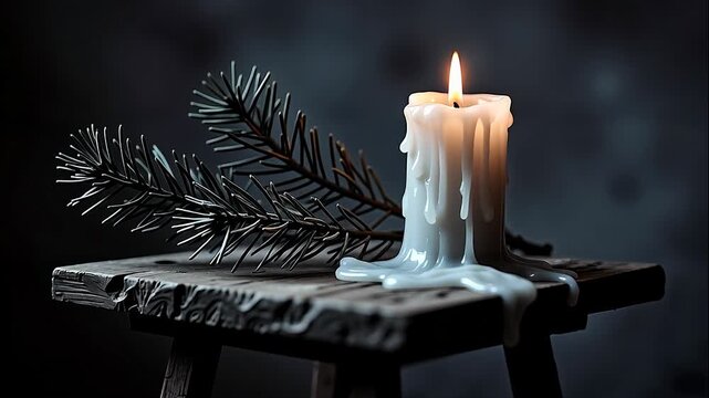 Dripping white candle with pine branch on rustic stool in moody light.