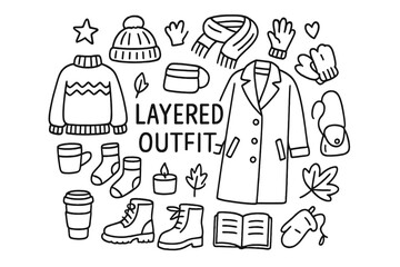 Fototapeta premium Layered Outfit Doodle. Layered Outfit. Hand-drawn doodle illustration of Layered Outfit. Coat, scarf, boots,