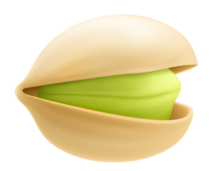 Realistic pistachio in 3d style. Roasted pistachios in shell isolated on white background. Natural organic food. Design element for nuts packaging, advertising, etc. Vector illustration.