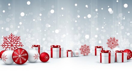Rote und wei&szlig;e Weihnachtsdekorationen mit Kugeln, Schneeflocken und Geschenken stehen vor einem hellen Winterhintergrund und erzeugen eine moderne, festliche Stimmung. Generative KI