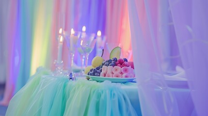 Colorful Fruit Platter on Decorated Table with Candles and Soft Lighting for Festive Celebration