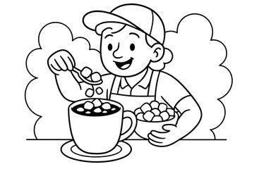 Hot Cocoa Fun. Marshmallow topping scene children&rsquo;s coloring book illustration, outlined drawing, barista