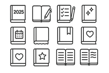 New Year Notebook Icons. Happy New Year journal. Line outline icon set of Happy New Year journal: notebook