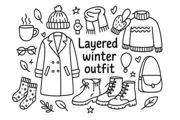 Obraz premium Winter Fashion Doodles. Layered winter outfit. Hand-drawn doodle illustration of Layered winter outfit. Coat,