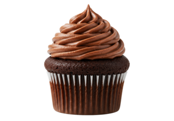 Perfectly baked dark chocolate cupcake with glossy, velvety chocolate buttercream frosting in a striped liner, isolated on transparent with copy space, evoking sweet indulgence concept for gourmet
