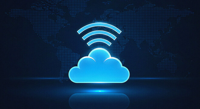 Global Cloud Computing and Wireless Connectivity Icon Representing Digital Data Storage and Network Communication