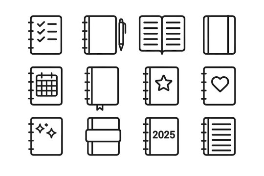 Iconic Planner Notebooks. Planner notebook. Line outline icon set of planner notebook: notebook with checklist