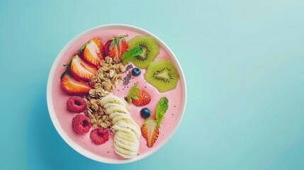 Colorful Fruit Yogurt Bowl with Strawberries Kiwi Raspberries and Granola on Light Blue Background