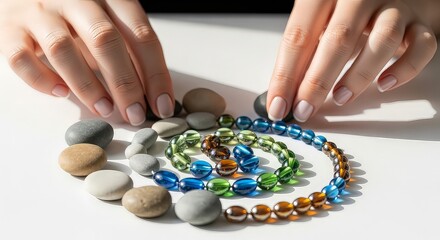 Woman arranging colorful beads and stones in spiral on white surface