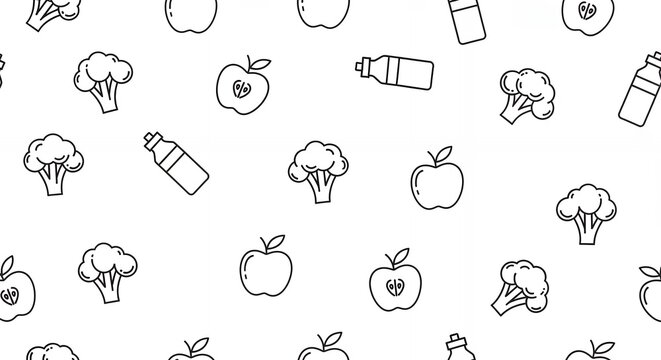 Minimalistic pattern featuring outlined apple, broccoli and water bottle on white. Concept for healthy eating, diet plan and vegetarian lifestyle