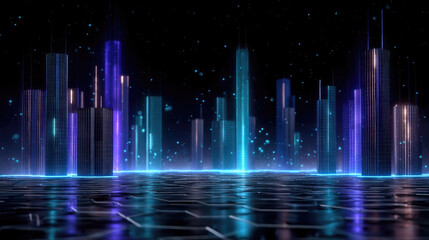 Futuristic cityscape with glowing holographic skyscrapers, neon lights, digital grid, and night sky, evoking sense of wonder