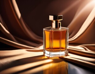 a glass perfume bottle with a golden amber liquid placed on an elegant surface next to a fabric illuminated by soft rays of light that cast shadows and highlight the texture of its square shape