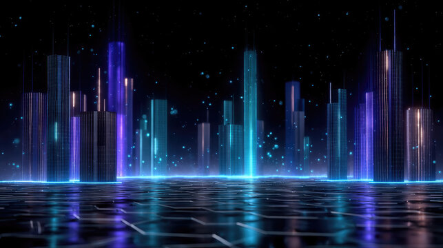 Futuristic cityscape with glowing holographic skyscrapers, neon lights, digital grid, and night sky, evoking sense of wonder