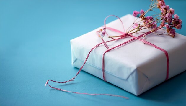 a gift wrapped in white paper with pink string dried flowers pastel blue background minimalist style soft lighting high resolution photography detailed natural light stock photos