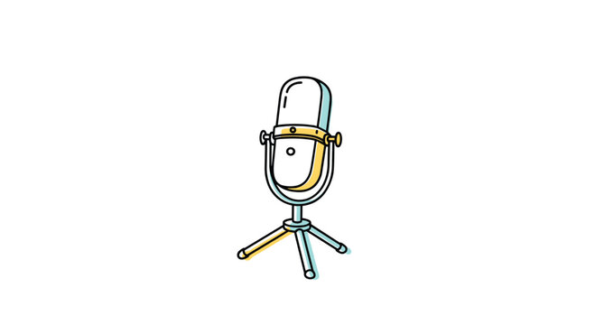 Simple doodle line art illustration of a retro studio microphone on a stand with subtle color accents perfect for podcasting music or broadcasting.