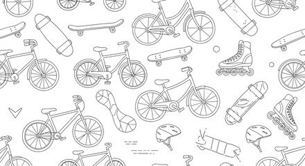 Active and dynamic seamless line art pattern featuring bicycles skateboards and roller skates a fun background for sports and outdoor activities.