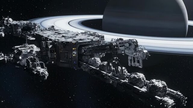 Asteroid mining convoy passing Saturn. Futuristic spacecraft fleet extracting resources in outer space. Sci-fi animation of industrial vessels navigating planetary rings for space resource operations