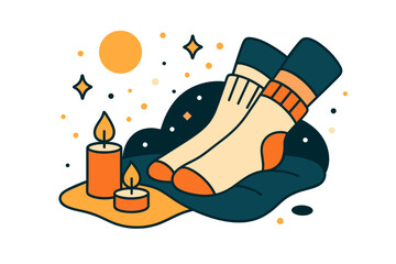 Cozy Winter Glow. Evening relaxation. Socks and small candles on soft surface, abstract floating light