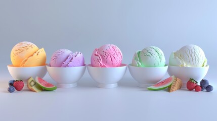 Colorful Ice Cream Scoops in White Bowls with Fruit Garnish on Light Background