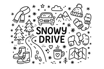 Snowy Drive Doodles. Snowy Drive. Hand-drawn doodle illustration of Snowy Drive. Car, winter road, pine trees,