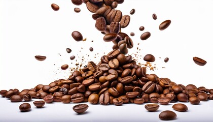 Obraz premium a vertical cascade of roasted coffee beans tumbling down in a dynamic motion isolated on white background