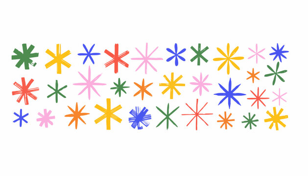 A vibrant collection of hand-drawn colorful star and asterisk shapes, a minimalist set of decorative icons