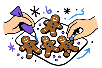 Naklejka premium Gingerbread Cookie Decorating. Decorating gingerbread cookies. Icing and small candies arranged on freshly