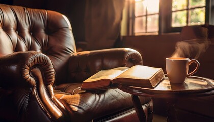 a worn leather armchair with an old book and a coffee cup bathed in the soft glow of afternoon light evokes nostalgia and tranquility