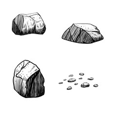 Group of natural stones with scratches and cracks. Hand drawn black white set illustration. Monochrome graphic of landscape element for architectural and garden sketches. Rock object in line clip art © Iuliia