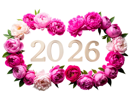 2026 New Year Botanical Peony Art Bundle Display, isolated on transparent background - Powered by Adobe