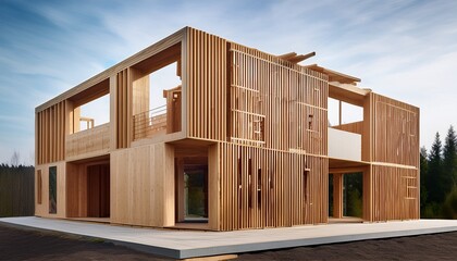 architectural photography of partially completed wooden building showing innovative modern design and sustainable construction techniques