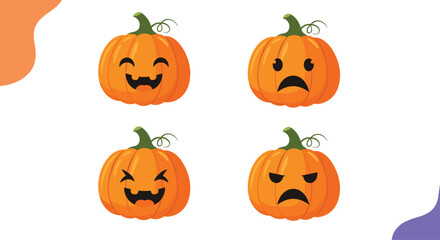 Set of four expressive pumpkin emojis displaying various emotions a cute and fun graphic set for Halloween or autumn themes.