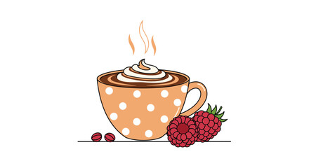 Cozy polka dot coffee cup with whipped cream and steaming raspberry coffee accompanied by fresh raspberries a sweet beverage illustration.
