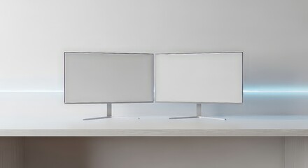 Dual monitor setup with blank screens for digital content display