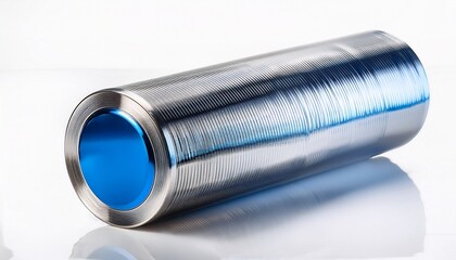close up of a metallic cylindrical object with blue accents isolated on white background