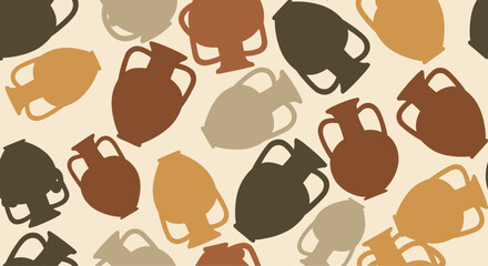 Seamless pattern of ancient terracotta pots or amphorae in various earthy tones a historical and archaeological design.