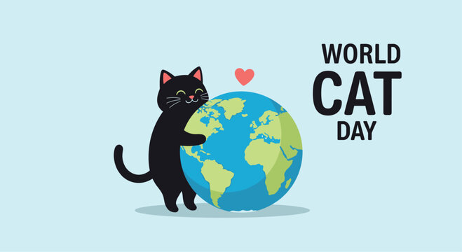 Adorable black cat hugging the earth globe with "World Cat Day" text a cute celebration graphic for animal lovers and pet events.