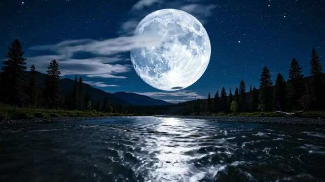 Full moon reflects on river amid dark trees mountains and starry sky