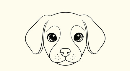 Simple and cute line art illustration of an adorable puppy dog face with big eyes perfect for a coloring book or pet logo.