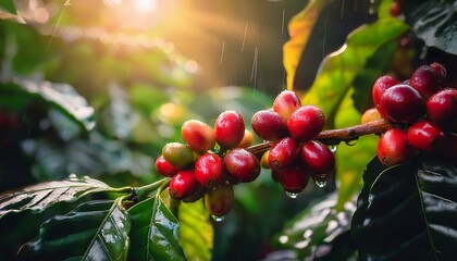 coffee cherries glisten in the sunlight as rain nourishes the lush foliage in a vibrant coffee plantation