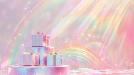 Colorful Rainbow Gift Boxes on Soft Pink Surface with Sparkles and Light Streaks