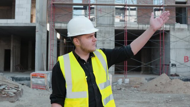 A construction worker vest is pointing towards an area on the building site