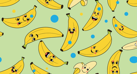 Seamless pattern of cute cartoon bananas with funny faces and happy expressions on a light green background with blue dots.